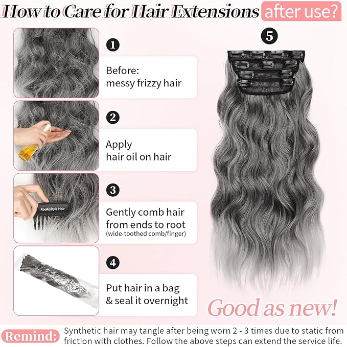KooKaStyle Clip in Synthetic Hair Extensions Long Wavy 4PCS Thick Hairpieces Grey Sliver Mixed Fiber Double Weft Natural Hair Extensions 20 Inch for Women