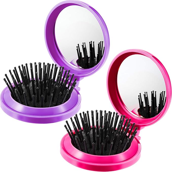 Boao 2 Pack Foldable Travel Mirror Hair Brushes Round Portable Folding Pocket Hair Brush Mini Comb Compact Travel Size Massage Comb for Men Women (Purple, Rose Red)