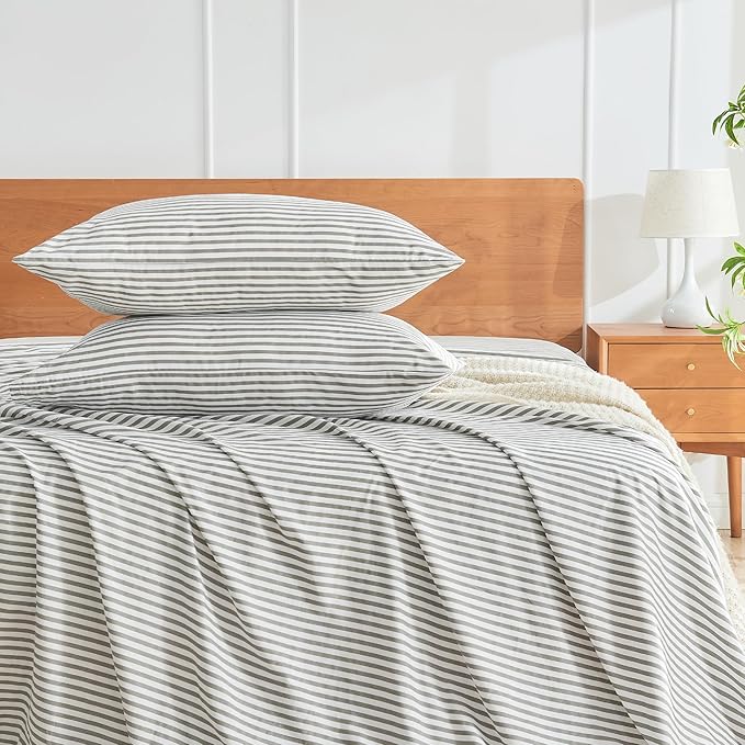 JELLYMONI 100% Natural Cotton Striped Standard Pillowcases Set, 6 Pack White and Grey Stripes Pattern Printed Pillow Covers with Envelope Closure(Pillows are not Included)