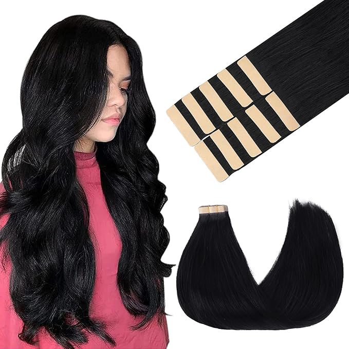 GOO GOO Tape in Hair Extensions Human Hair, 1 Jet black, 20inch 30g 10pcs, Skin Weft Seamless Invisible, Silky Straight with Thick Ends, Remy Human Hair