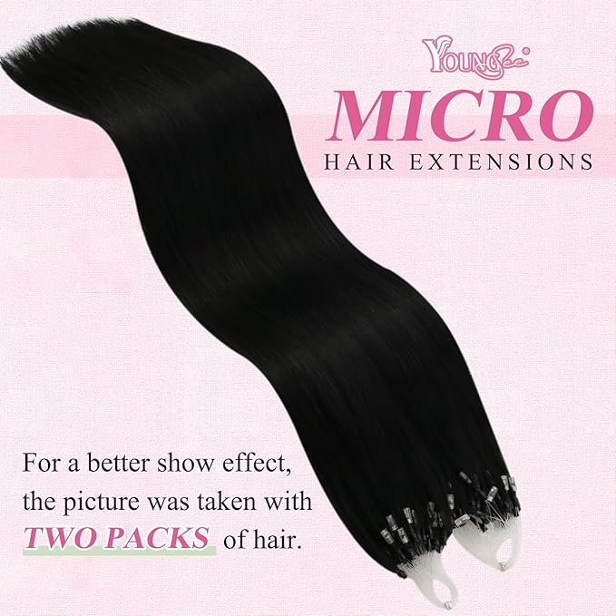 YoungSee Micro Link Hair Extensions Human Hair Black Microbead Hair Extensions Jet Black Micro Loop Hair Extension Human Hair 18 Inch 1g/s 50g Micro Hair Extension #1 for Everyday Wear