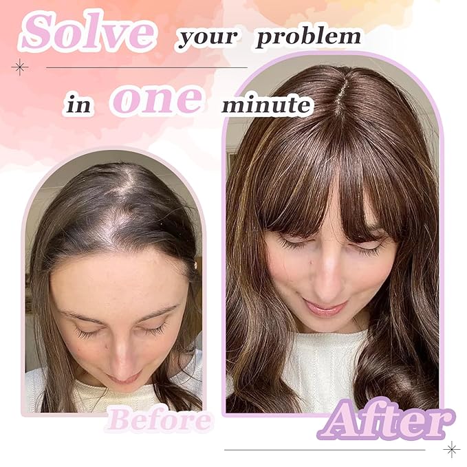 Hair Topper, 360° 3D Hair Toppers for Women with Thinning Crown, 18 Inch Long Wavy Curly Hair Pieces Clip in Bangs (Dark Brown Mixed Chestnut, 18 inch, French Bangs)
