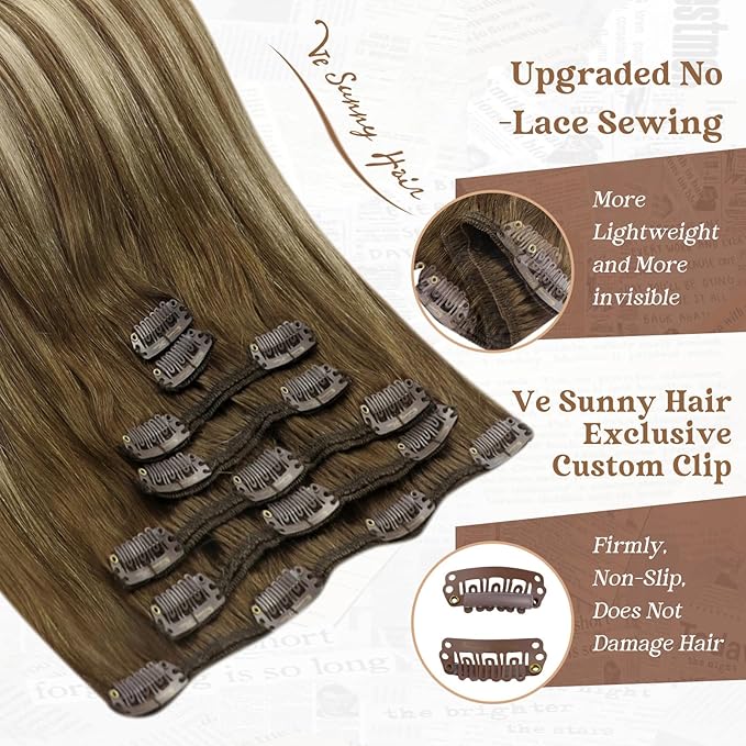 Ve Sunny Clip in Hair Extensions Brown Human Hair Clip in Extensions for Women Clip in Extensions Real Human Hair Chestnut Brown Balayage Platinum Blonde Easy to Wear 7pcs 20inch 120g