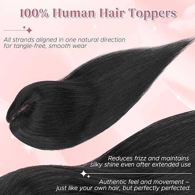 Real Human Hair Toppers for Women 3.54"*4.72" Silky Base 150% Density No Bangs Adjustable Parting Clip-In Topper Hairpieces for Women with Thinning Hair 16 Inches Dark Black