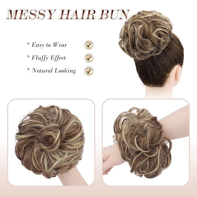 FESHFEN Messy Bun Hair Piece - Large Elastic Wavy Curly Hair Bun Scrunchies Ponytail Extensions Synthetic Chignon Hairpieces for Women, Copper Brown & Beige Blonde 1.94oz