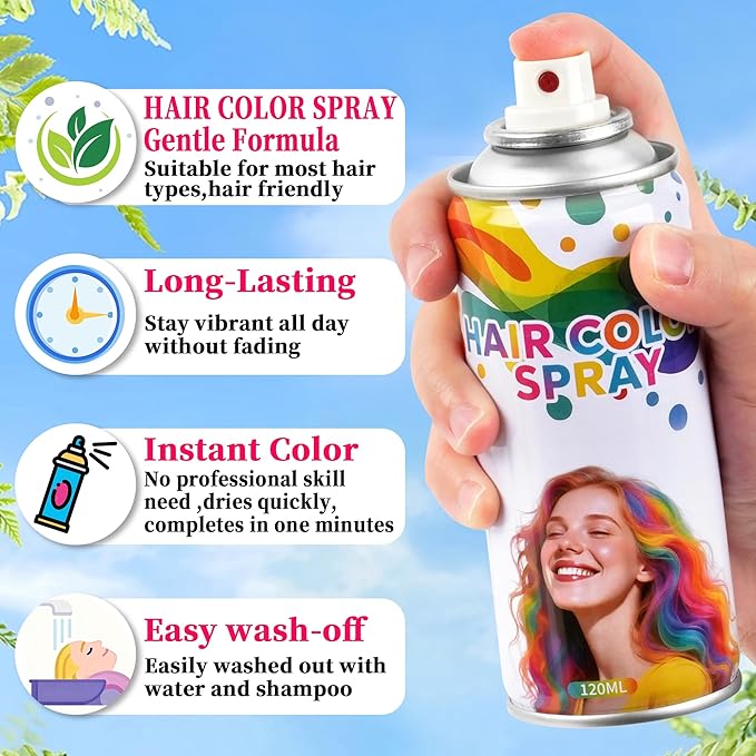 6 Pack Hair Spray,Purple red pink black blue and gray hair spray temporary for Women Kids Men, Washable Temporary Hair Dye Spray,For Cosplay Christmas Party, Halloween Crazy Hair Day