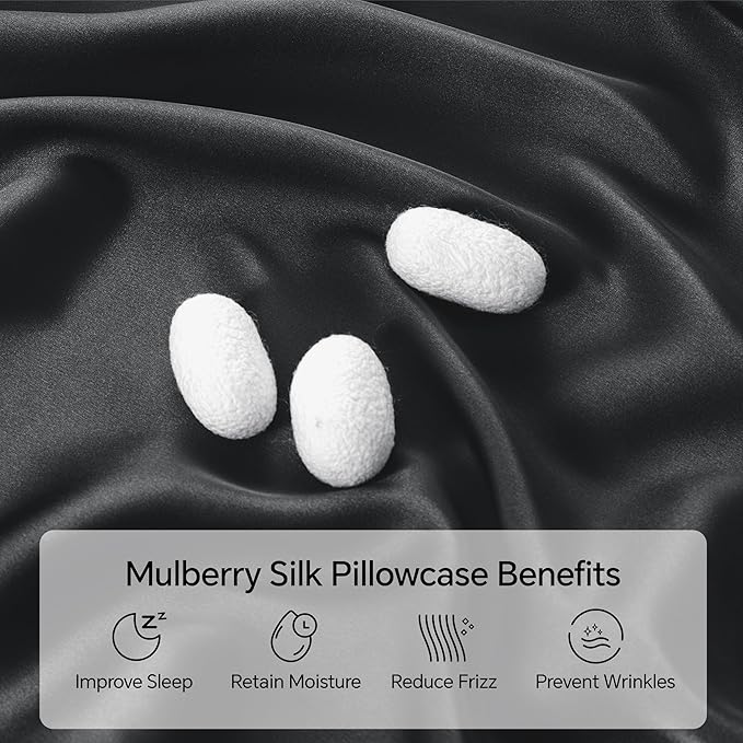 INFIIXSO Mulberry Silk Pillowcase for Hair and Skin, Silk Pillow Cases Standard Size with Hidden Zipper 20x26 Inches, Extraordinary Smooth and Soft Cooling Pillow Cases for Hot Sleepers(Black, 1 Pack)