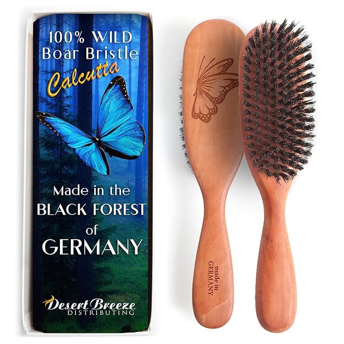 100% Pure Calcutta Boar Bristle Hairbrush for Natural Healthy Hair, Stiff Bristle, Made in Germany's Black Forest