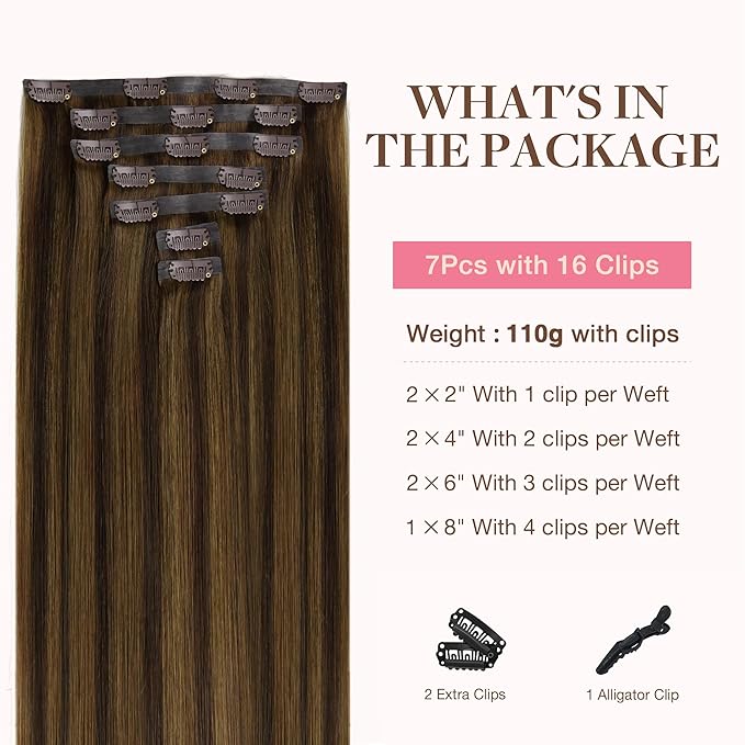 GOO GOO Clip in Hair Extensions Real Human Hair, Remy Human Hair Extensions Clip ins for Women, Natural Human Hair, 14inch 110g 7Pcs, 2C/4E/6C Brown Sugar Swirl Highlights
