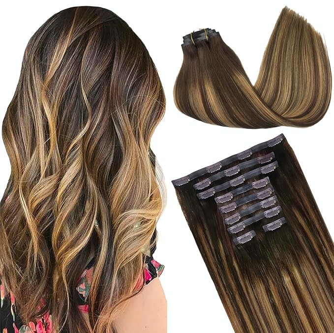 GOO GOO Clip in Hair Extensions Real Human Hair, Remy Human Hair Extensions Clip ins for Women, Natural Human Hair, 24inch 220g 9Pcs, #4/27/4 Balayage Chocolate Brown to Caramel Blonde
