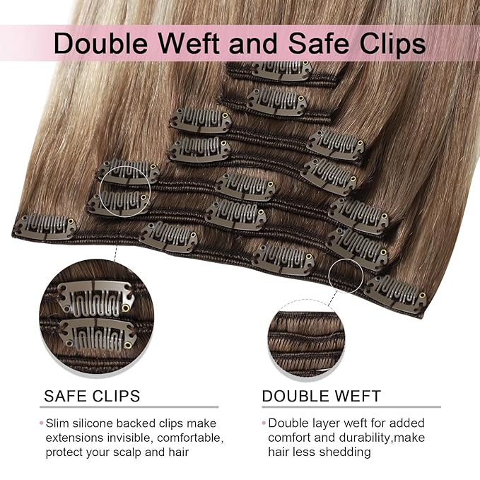 Pro2.0 Remy Clip in Extensions Real Human Hair Color #8/60 Ash Brown to Platinum Blonde Remy Clip in Hair Extensions Real Human Hair 18inch 120g Thick 7pcs Double Weft（#8/60-18inch）