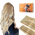DOORES Human Hair Extensions Clip in, Dark Blonde Highlighted Bleach Blonde 150g 9pcs 22 Inch, Clip in Hair Extensions Real Natural Silky