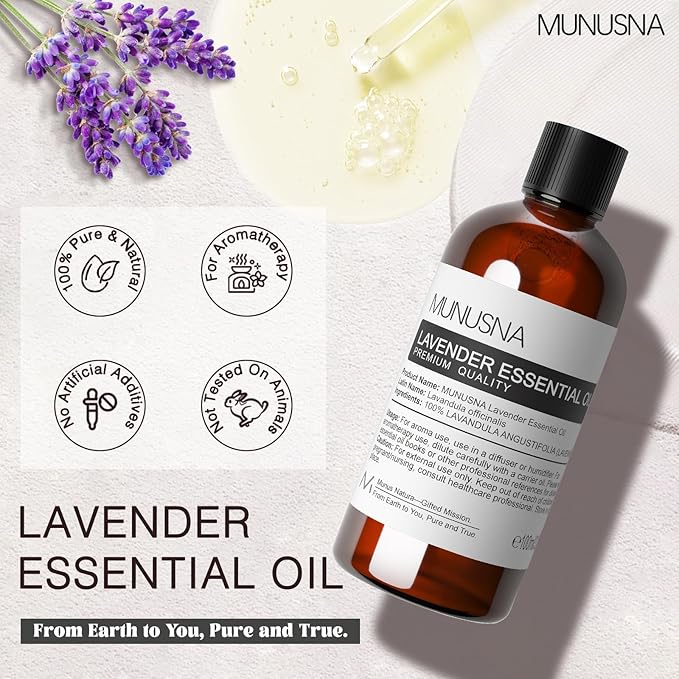 Lavender Essential Oil, Pure & Natural Lavender Oil 100ML, Premium Grade Essential Oils for Hair, Body, Skin, Aromatherapy Diffuser, Meditation, Massage, Home, Candle, Soap, Bath Bombs Making