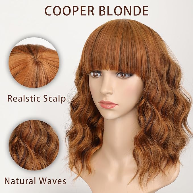 AISI HAIR Synthetic Wavy Curly Bob Wig with Bangs Cooper Blonde Short Wavy Hair for Women Synthetic Heat Resistant Bob Wigs