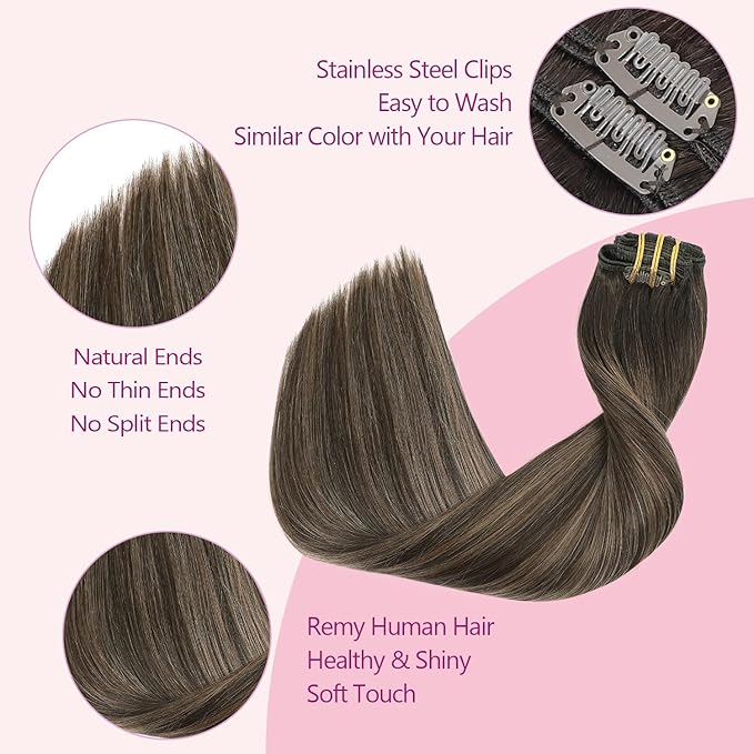 PINKPEARL Clip in Hair Extensions Human Hair Extensions, #2/6/2 Balayage Dark Brown to Chestnut Brown 120g 7pcs 18 Inch Real Human Hair Extensions Clip in Straight Remy Silky Weft(#2/6/2-18)