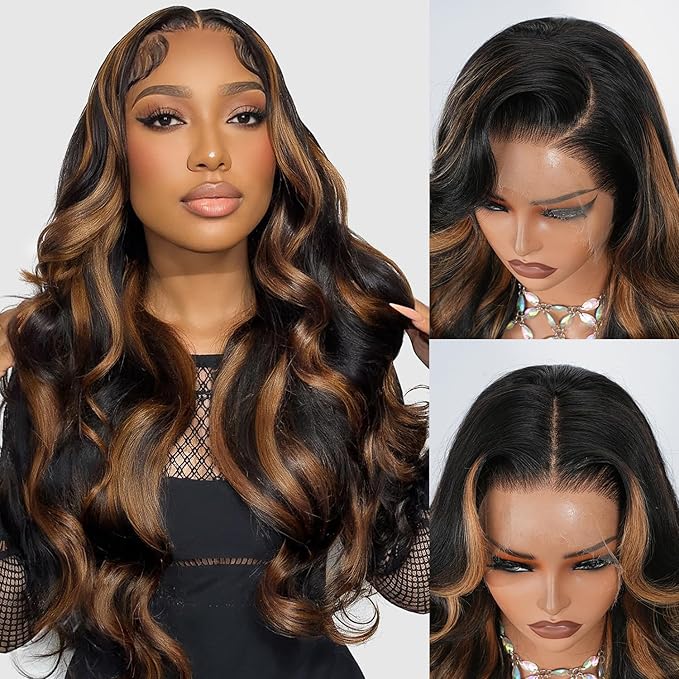 1B/30 Highlight Ombre Body Wave 13x4 Full Frontal Lace Wig SKINLIKE Swiss HD Lace Wig 0.10mm Ultra-thin Invisible Pre plucked Bleached Tiny Knots Balayage Brown Colored Wigs for Women 200% Density