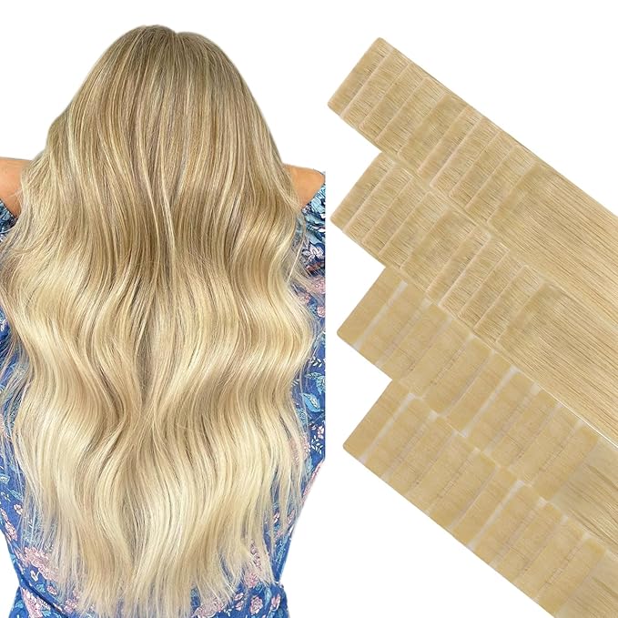 GOO GOO Invisi Edge Tape in Hair Extensions Human Hair, 18AT60A Pearl Ash Blonde Highlights 20pcs injected with 20pcs classical tape ins, 12inch 80g, Virgin Remy Hair, Natural Look