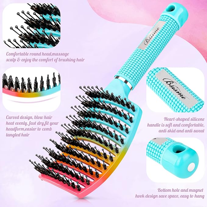 Boar Bristle Hair Brush, Curved Vented Detangler Brush Faster Blow Drying, Paddle Detangling Brush for Women Men Kids Wet Dry Long Curly Thick Straight Hair, Make Hair Shiny and Healthier(Green+Blue)