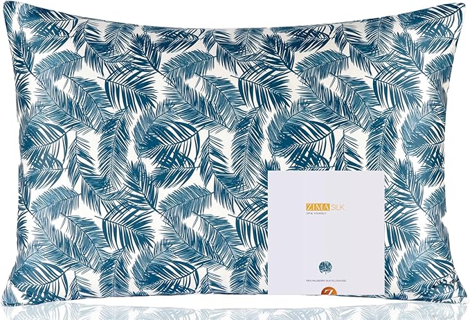 ZIMASILK 100% Pure Mulberry Silk Pillowcase for Hair and Skin Health,Both Sides 19 Momme Silk Floral Print,1pc (King 20''x36'',Blue Leaves)