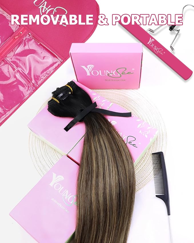 YoungSee 135G Clip in Human Hair Extensions Black Ombre Hair Extensions Clip ins Balayage Black Roots to Brown with Caramel Blonde Clip on Hair Extension Real Human Hair 18In 7Pcs