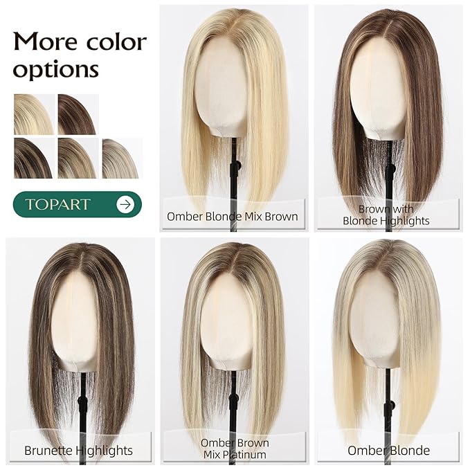 Full Hand Tied Hair Toppers for Women Remy Human Hair Lace Front Topper 14 Inch 6"×6" Partial wig Cover Thinning Hair or Loss No Bangs Top Hair Pieces (Dark Brown Highlights)