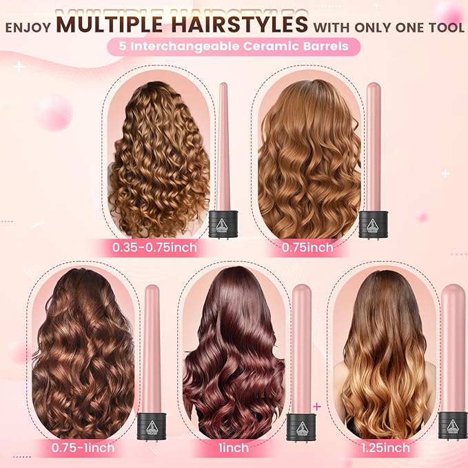 5 in 1 Curling Iron Wand Set, Hair Curling Iron Interchangeable Ceramic Barrels (0.35 to 1.25 Inch), Barrel Heat Protective Glove 2 Clips, Dual Voltage Hair Curler for Girls, Women Gift - Rose Gold