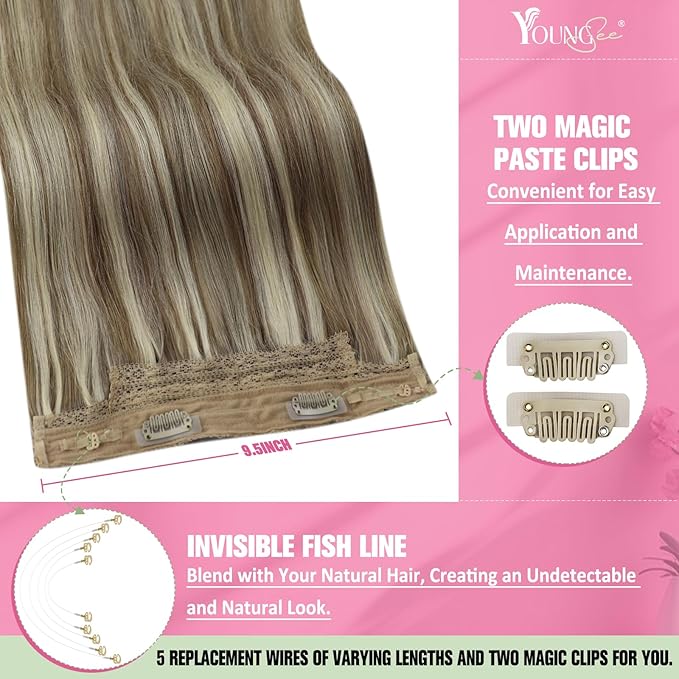 YoungSee 130G Wire Hair Extensions Real Human Hair Highlight Brown to Blonde Wire Hair Extensions for Women Light Brown Mix Platinum Blonde Fish Line Hair Extension 20In