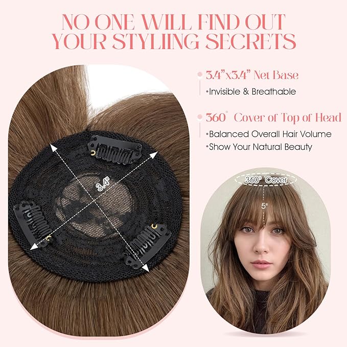 Hairro Mono Hair Toppers with Bangs, 3.4" x 3.4" Mono Base 100% Real Human Hairpieces for Women, 150% Density Clips In Topper for Greyish Thinning Hair, 10 Inch Medium Brown