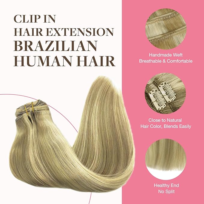 GOO GOO Clip in Hair Extensions Real Human Hair, Remy Human Hair Extensions Clip ins for Women, Natural Human Hair, 24inch 150g 9Pcs, #16/22 Light Blonde Highlighted Golden Blonde