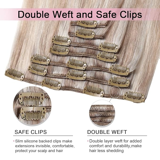 Pro2.0 Clip in Hair Extensions Real Human Hair 20inch 7pcs Color #18p1000 Ash Blonde with Bleach Blonde Remy Real Human Hair Extensions Clip ins 120g Thick Double Weft（#18P1000-20inch）