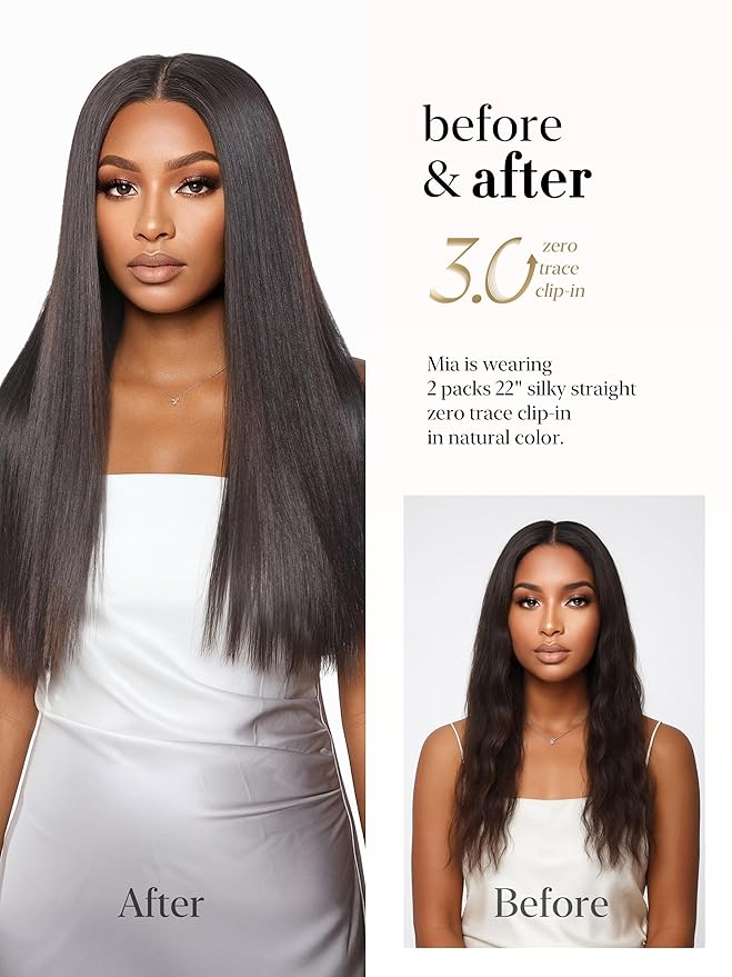 LUVME 0.59mm Zero Trace Invisible Clip in Hair Extensions, Yaki Straight 7 Pcs 100g 20 Inch, 100% Real Human Hair Clip Ins, Seven Piece Full Head Set with Balanced Coverage for Everyday Styles