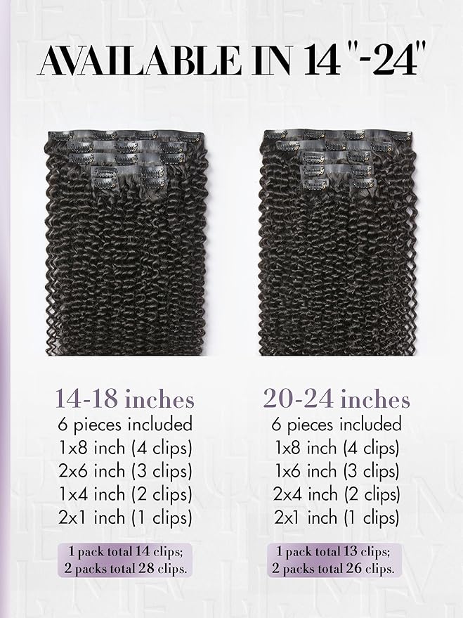 LUVME Invisible Clip ins Hair Extensions Deep Kinky Curly Real Human Hair Remy Hair Clip ins for Women, Natural Human Hair 14 inch 2 Pack 220g 12Pcs, Natural Black