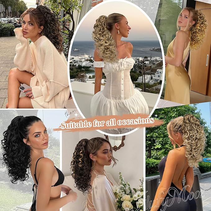 FLUFYMOOZ 100％ Pure Protein Ponytail Extension, 18 Inch Curly Claw Clip Ponytail Hair Extensions Natural Soft pony tail hairpiece for women-Medium Brown with Golden Blonde