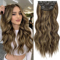 KooKaStyle Clip in Synthetic Highlight Hair Extensions Long Wavy 4PCS Thick Hairpieces Balayage Chocolate Brown to Caramel Blonde Fiber Double Weft Natural Hair Extensions 20 Inch for Women
