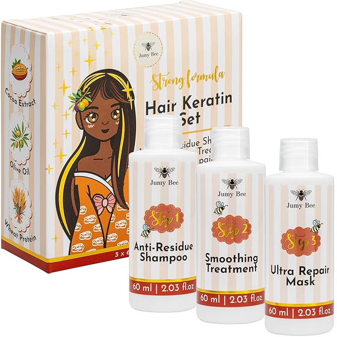 Brazilian Keratin Treatment Kit – Jumy Bee 3 Steps 2.03 fl oz | Formaldehyde-Free At Home Hair Straightening & Smoothing System |Keratina para Alisar el Pelo | Anti-Frizz Repair Mask & Shampoo