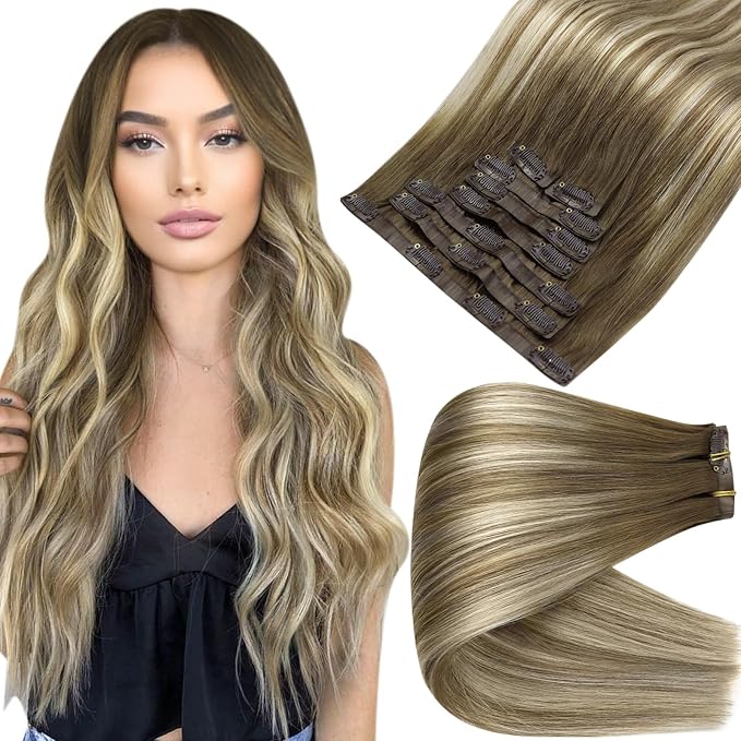 Full Shine Seamless Clip in Hair Extension with PU Weft Brown Balayage Chestnut Brown Ombre Platinum Blonde Short Hair Extensions Clip in Extensions for Women 12 Inch 8 Pcs 95 Grams