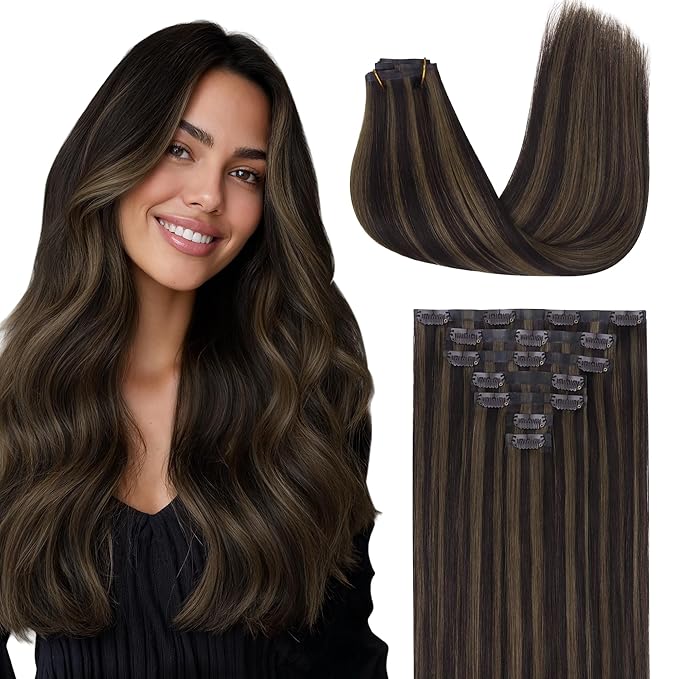 GOO GOO Clip in Hair Extensions Real Human Hair, Remy Human Hair Extensions Clip ins for Women, Natural Human Hair, 20inch 150g 7 Pcs, #2/6 Dark Brown Highlighted Chestnut Brown