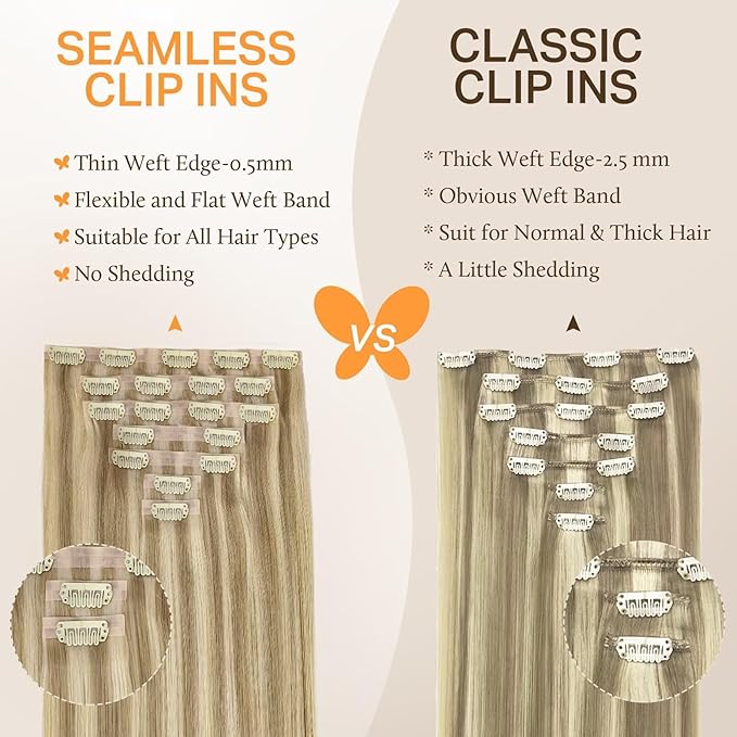 DOORES Hair Extensions Real Human Hair, Light Blonde Highlighted Golden Blonde 12 Inch 80g 7pcs, Remy Extensions Seamless Clip in Straight Invisi Edge Thick Weft