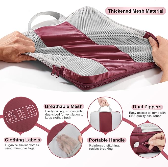 10 Set Compression Packing Cubes for Travel Essentials,Compressible Expandable Packing Cubes for Suitcase,OlarHike Luggage Organizer Bags for Travel,Handy Helper for Organizing Clothes(Wine Red)
