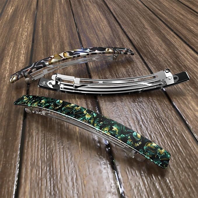 Long French Barrettes for Women Thin Thick Hair - Large 4 Inch Hair Clips Ponytail Clamp - Stylish Hair Accessories - 3Pcs (Black, Brown, Green)