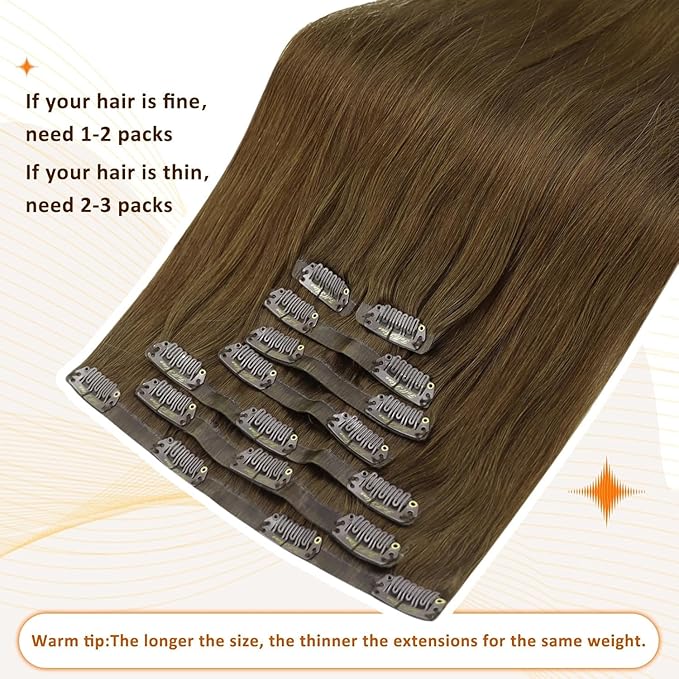 Full Shine Clip in Hair Extensions Real Human Hair Medium Brown Seamless Hair Extensions Clip in Straight Seamless Human Hair Clip ins 16 Inch 120 G 8 PCS