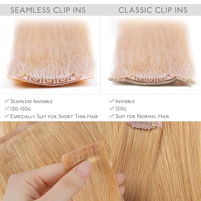 WENNALIFE Seamless Clip In Hair Extensions Human Hair, 24 Inch 160g 7pcs Strawberry Blonde Real Hair Extensions Clip in Human Hair Invisible PU Skin Weft Natural Remy Human Hair Extensions