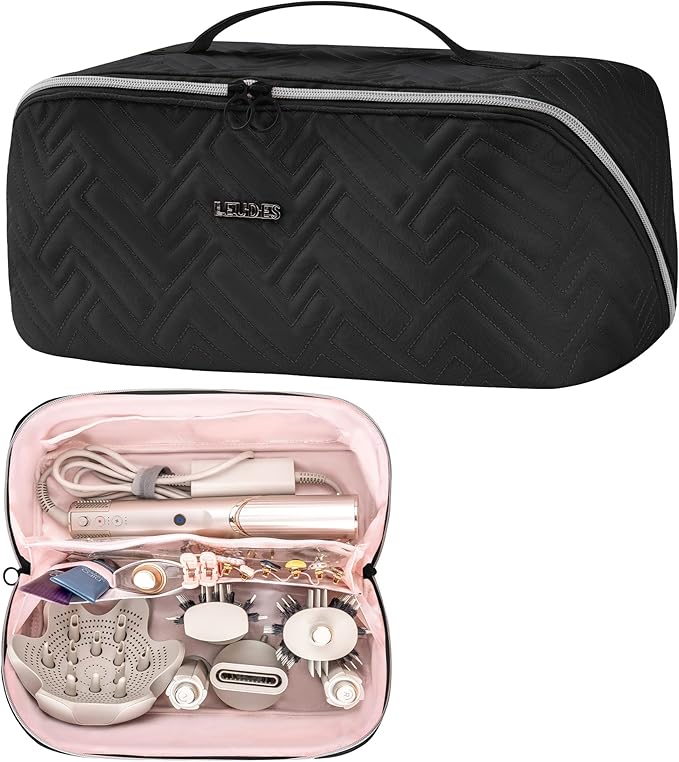 Leudes Hair Tools Travel Bag For Dy son Airwrap Hair Dryer Shark Flex Style Carrying Case Travel Makeup Bag Portable Pouch Open Flat Packing Organizers with Divider and Handle (Black)
