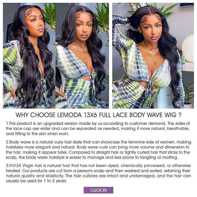 Lemoda Full 13x6 Lace Frontal Virgin Human Hair Wigs 210% Body Wave 13x6 HD Full Lace Front Wigs 15A 24Inch Brazilian Pre Plucked Natural Hairline Thin Knots