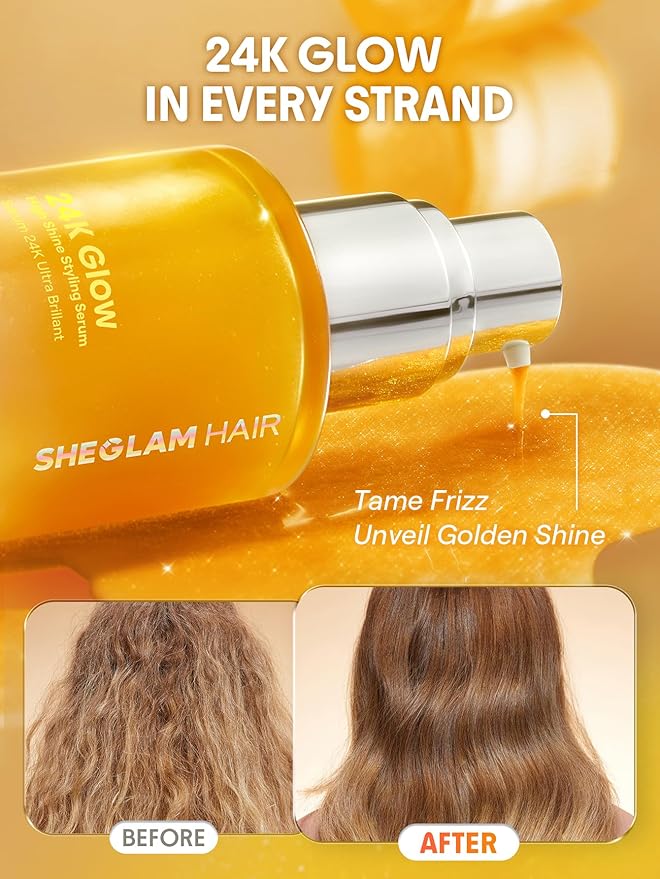 SHEGLAM 24K Glow Hair Oil Serum, 10-in-1 Treatment for Frizz Control, Shine & Heat Protection with Almond & Macadamia Oil, for All Hair Types, 1.69 fl oz