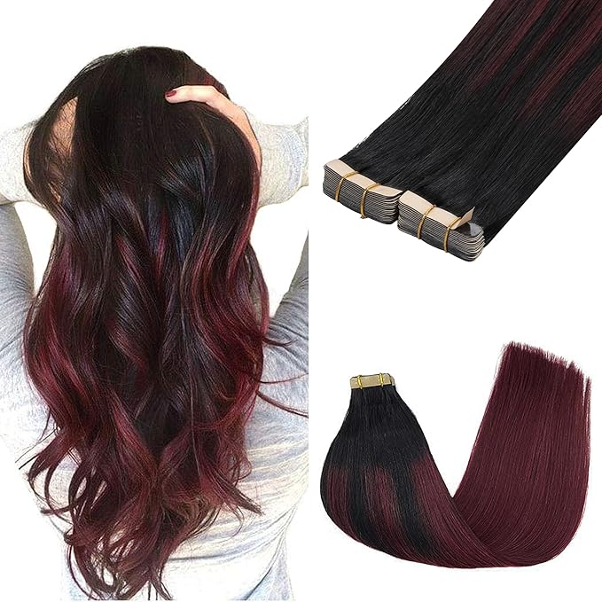 GOO GOO Tape in Hair Extensions Human Hair, 1/99 Balayage Jet Black to Red, 16inch 100g 40pcs, Skin Weft Seamless Invisible, Silky Straight with Thick Ends, Remy Human Hair