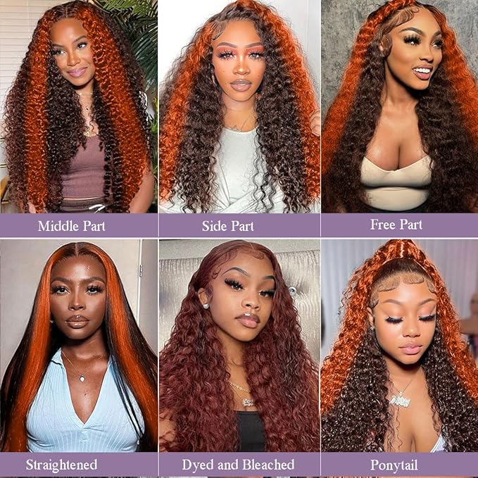 250 density Ginger Deep Wave Lace Front Wigs Human Hair Pre Plucked Hairline Glueless Wigs for Women 13x6 HD Lace Front Wigs Ginger Orange Curly Human Hair Wig Brazilian Hair 28 Inch