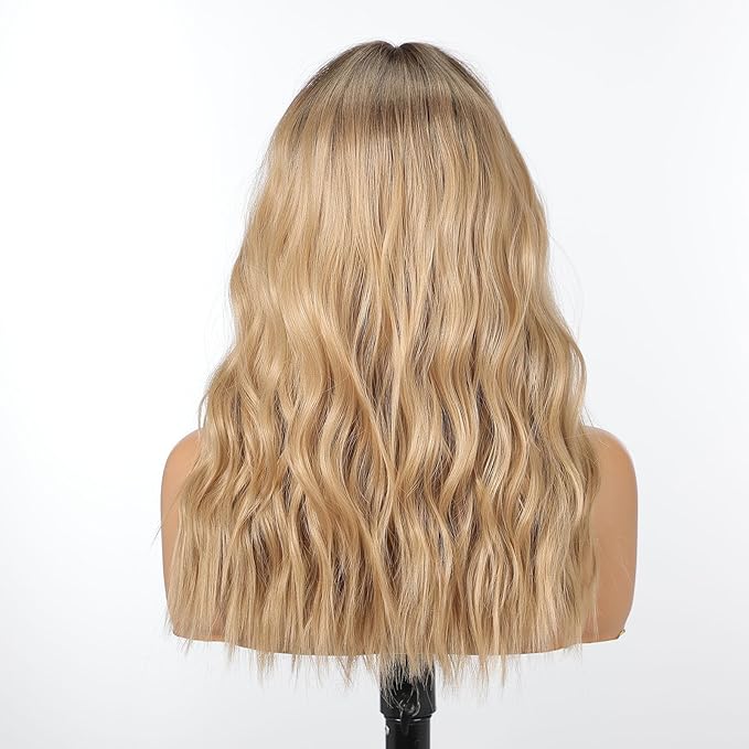 Blonde Wig with Bangs,Ombre Blonde Wavy Wigs for Women,Shoulder Length Curly Synthetic Hair Wig for Party Daily Use 18IN
