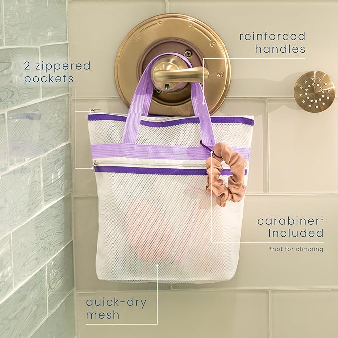 S&T INC. Mesh Shower Caddy, Shower Bag for Dorm Room Essentials, Gym Bag, Camping and More, Two Zippered Pockets, White and Purple, 10 Inches x 10 Inches