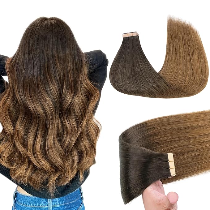 GOO GOO Tape in Hair Extensions Human Hair, 1D/2C/4E Chocolate Dip Color Melt, 14inch 50g 20pcs, Skin Weft Seamless Invisible, Silky Straight with Thick Ends, Remy Human Hair